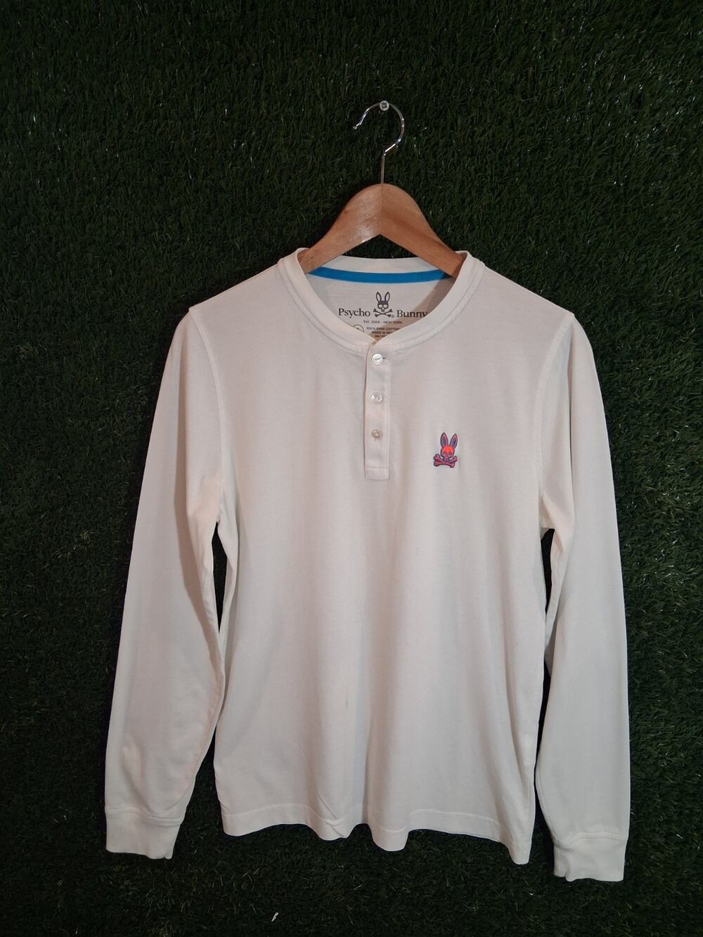 Psycho Bunny Men's Long Sleeve Henley Shirt White Size 3 S Pima Cotton Peru